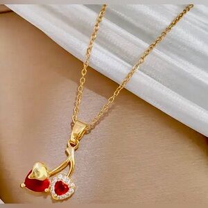 Titanium Steel Cherry Motif Necklace with Red & Clear Stones